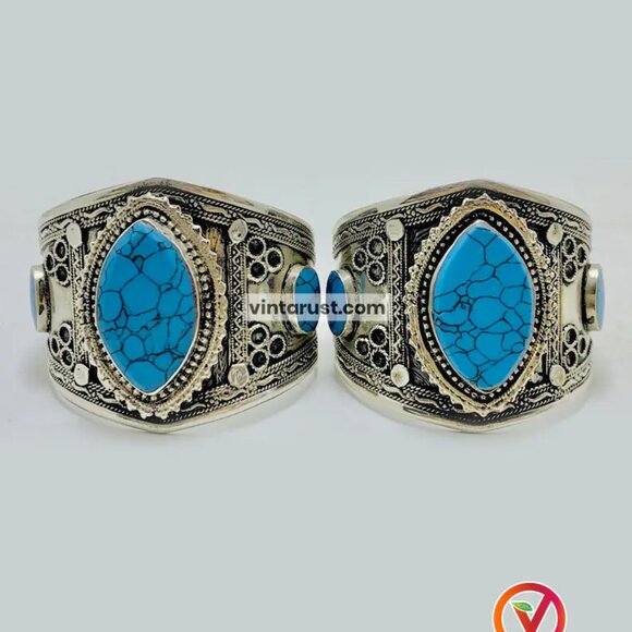 Single Ethnic Turquoise Stone Handcuff Bracelet-Afghan Kuchi Bracelet - Picture 6 of 16
